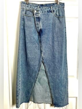Vintage Beige Botany Denim Maxi Skirt Crossover Waist Front Slit Blue Jean • L